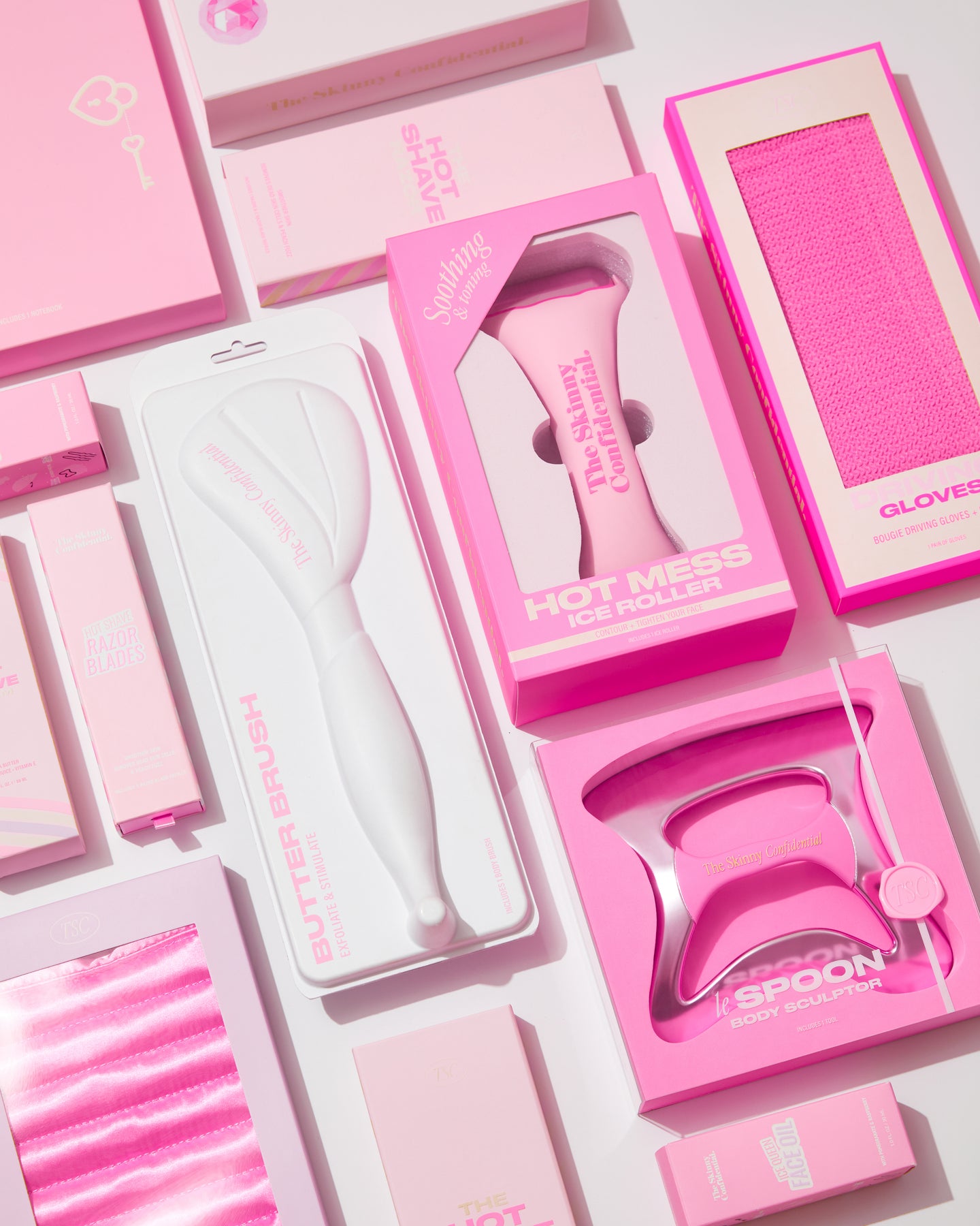 Pink skincare beauty product packaging flatlay